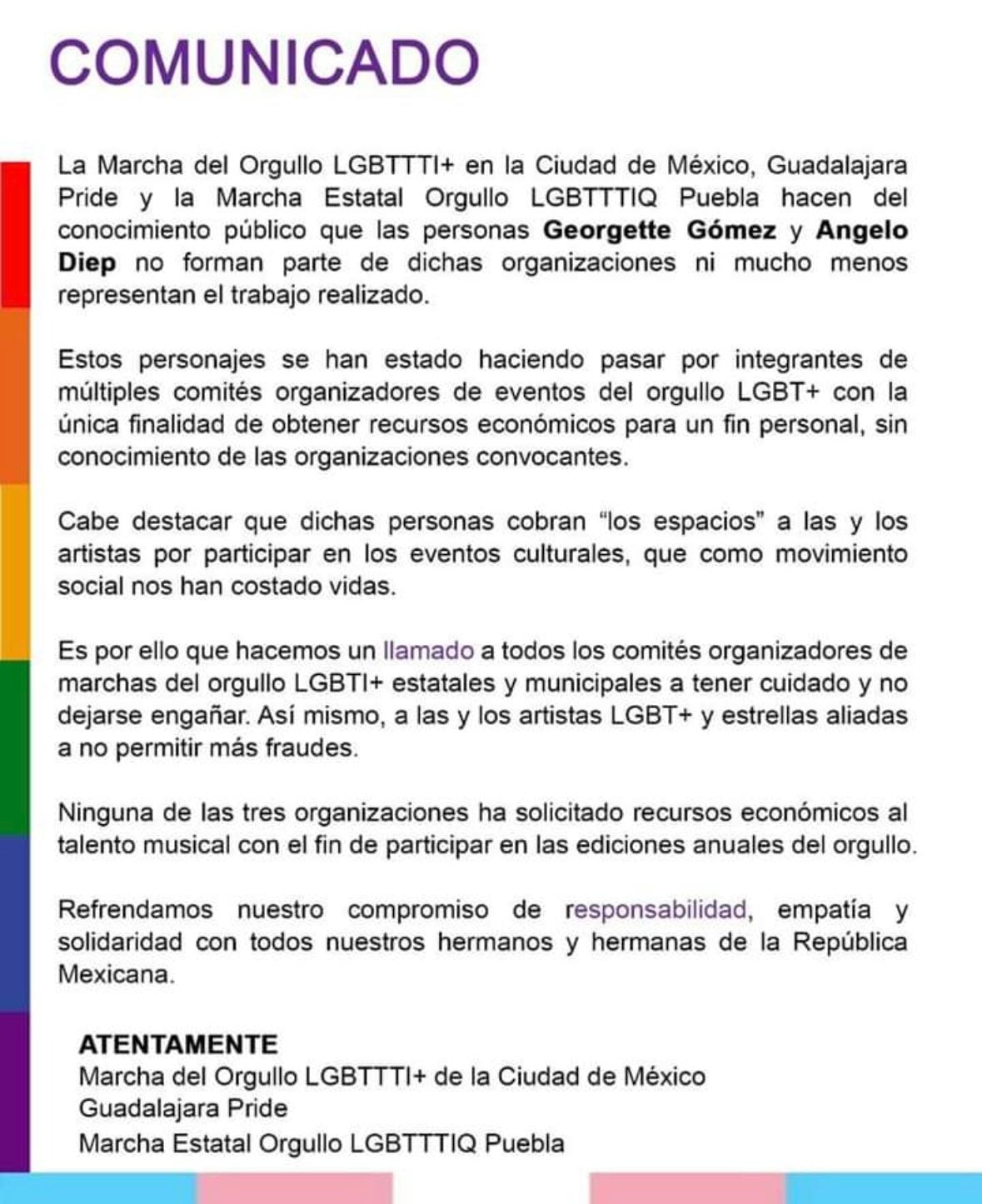 Comunicado sobre acciones del comité Gay Pride.