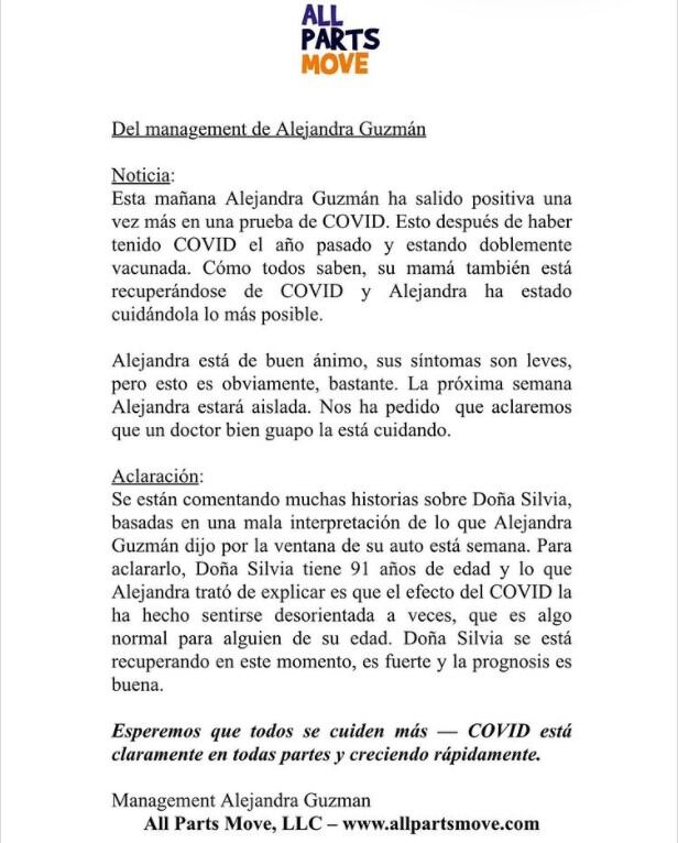 Comunicado sobre Alejandra Guzmán