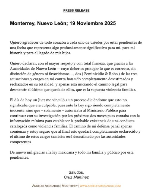 Cruz Martínez revela que fue vinculado a proceso por violencia familiar