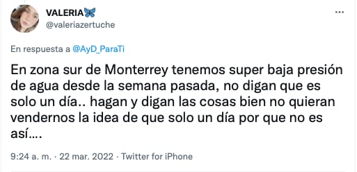testimonios de redes sociales por cortes de agua en Nuevo León/Twitter