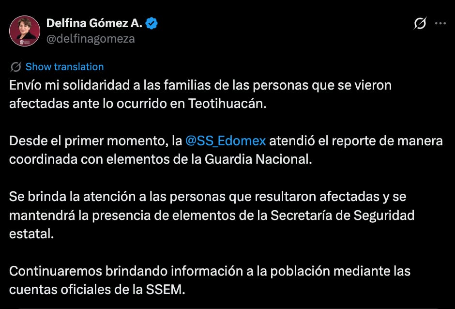 Delfina Gómez lamenta balacera en Teotihuacán y defiende actuación de policía estatal