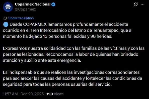 Coparmex llama a esclarecer causas del accidente del Tren Interoceánico