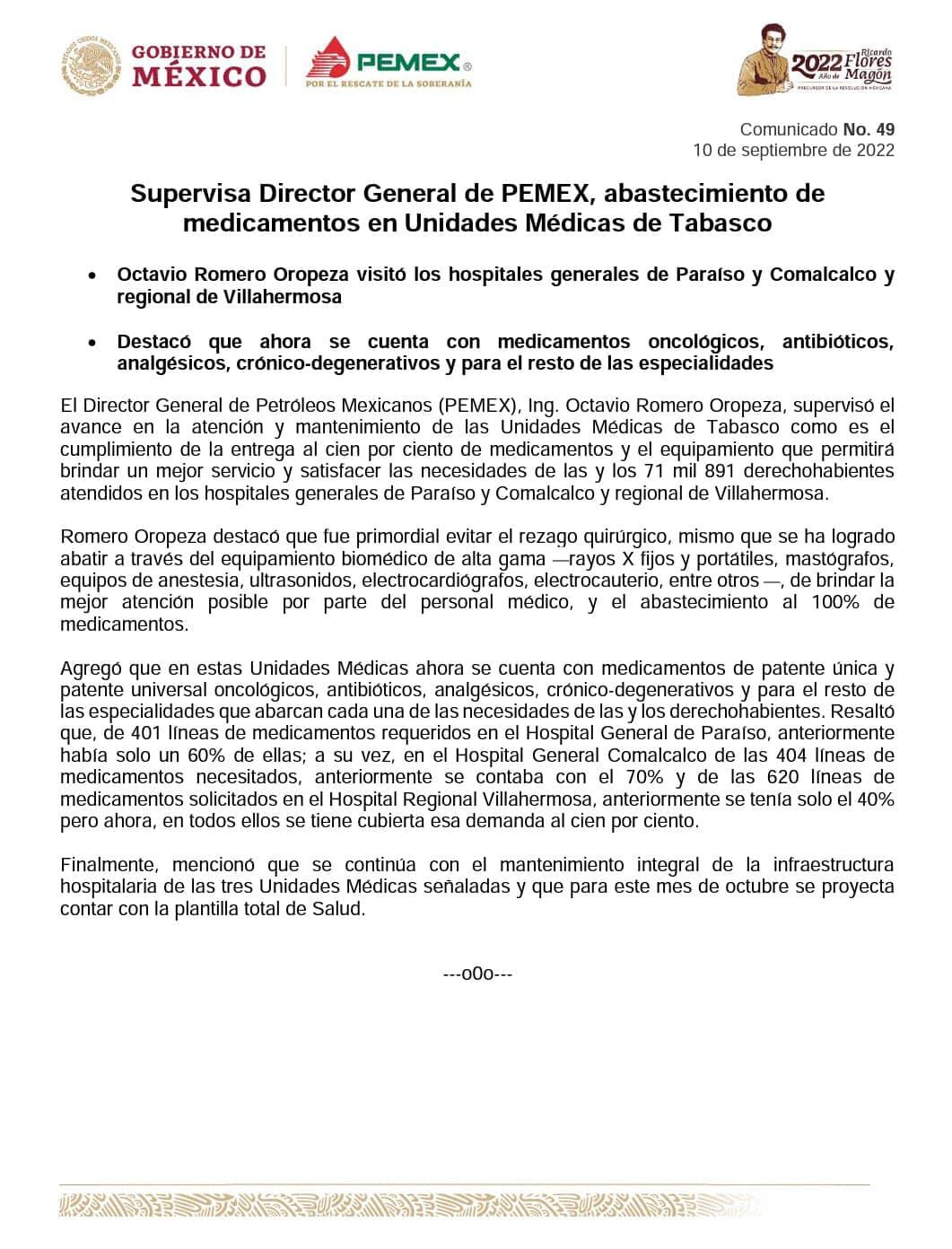 Comunicado de las visitas a hospitales de Pemex en Tabasco de Octavio Romero