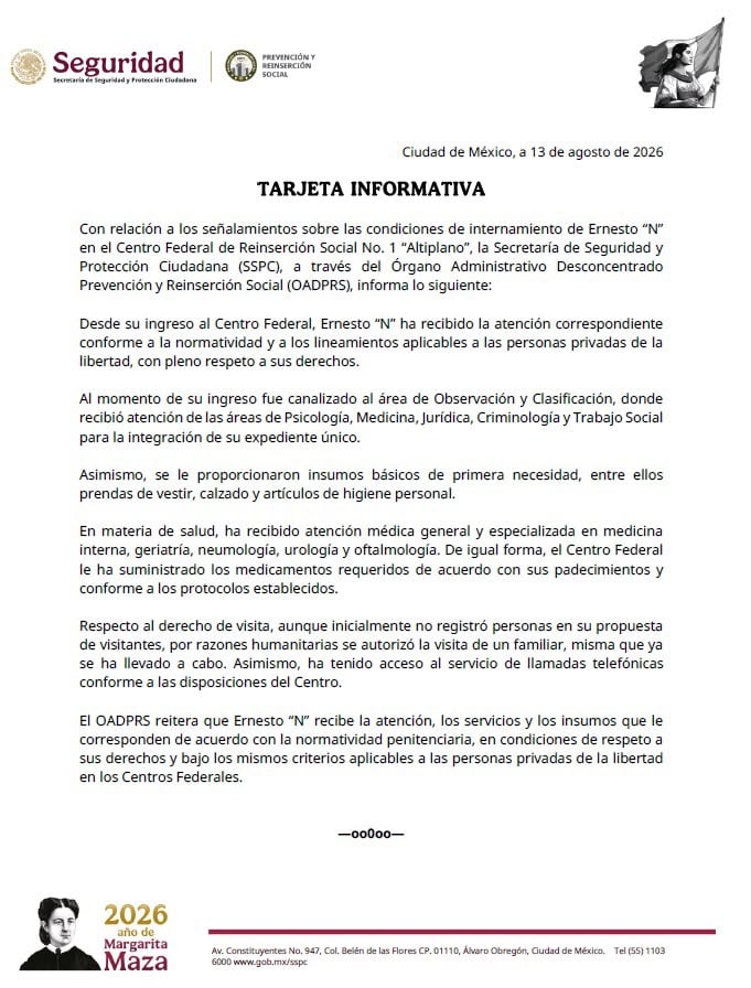 SSPC asegura que se respetan los derechos de Ernesto Ruffo en el penal del Altiplano