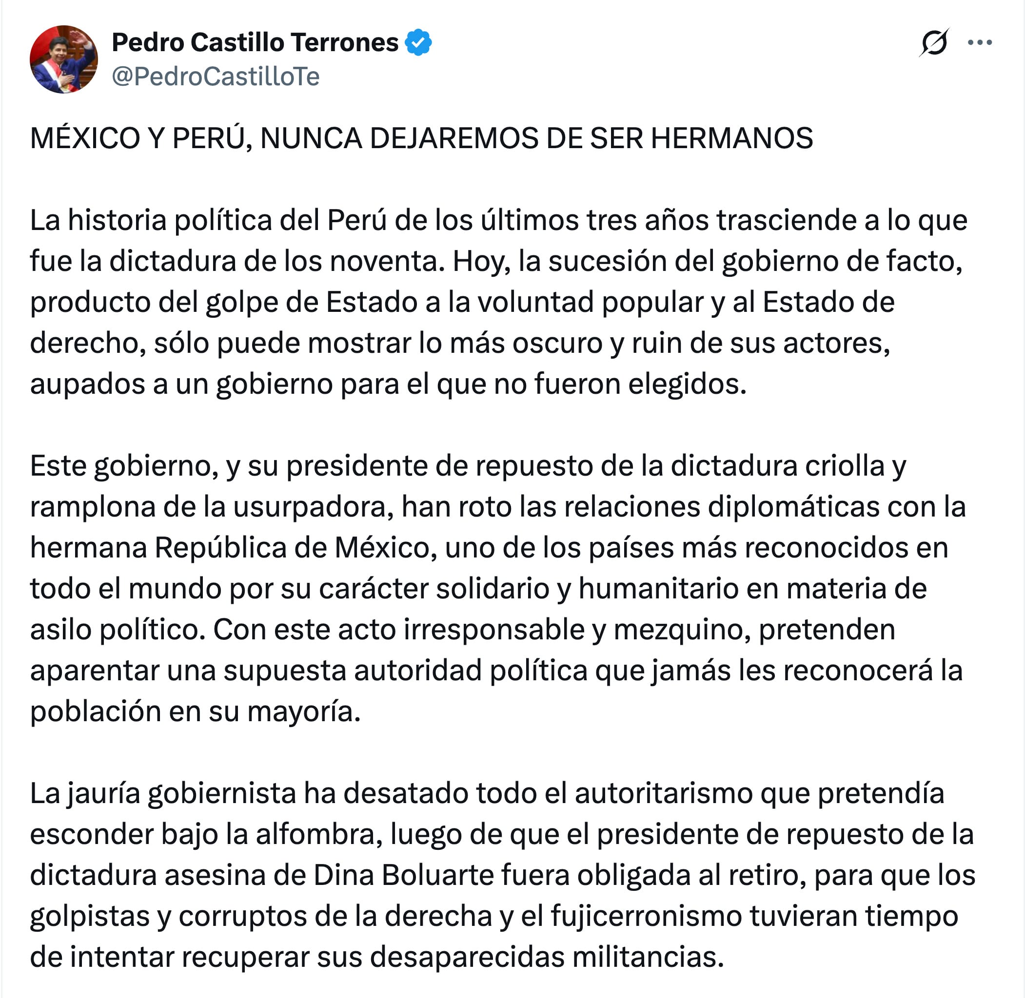 Pedro Castillo envía saludo a Claudia Sheinbaum