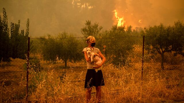 Mujer y su perro durante los incendios de Grecia