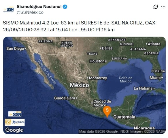 Temblor hoy sábado 26 de septiembre en Oaxaca