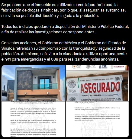 Sinaloa informa decomiso de droga y armas tras un inmueble en resguardo.