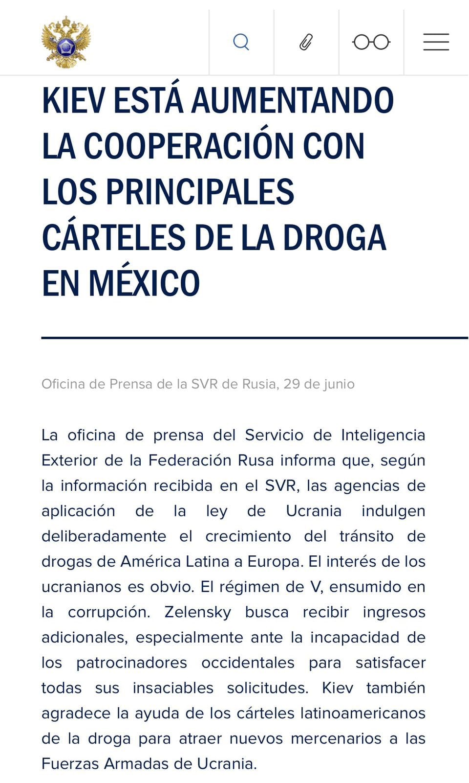 Rusia señala a Ucrania por presuntos vínculos con cárteles mexicanos