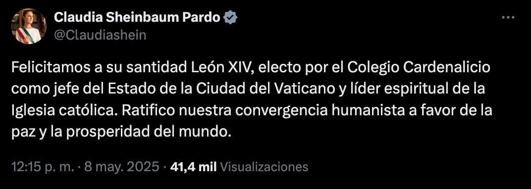 Claudia Sheinbaum felicita a papa León XIV
