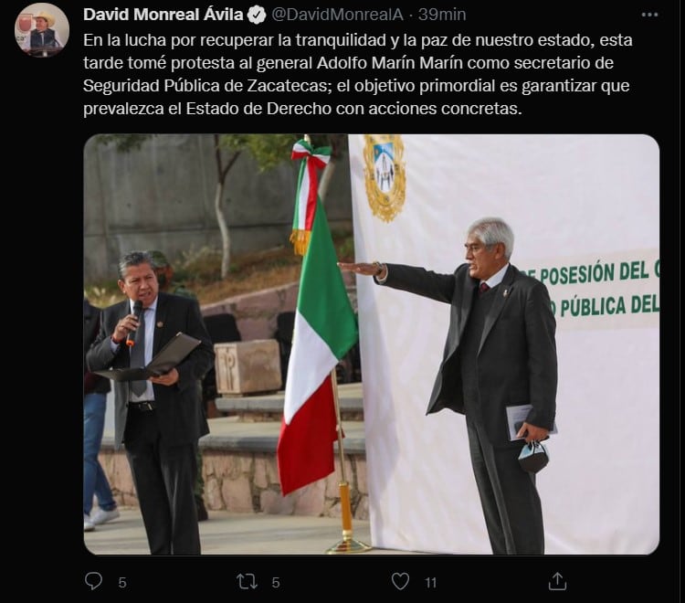 Tweet de David Monreal, gobernador de Zacatecas