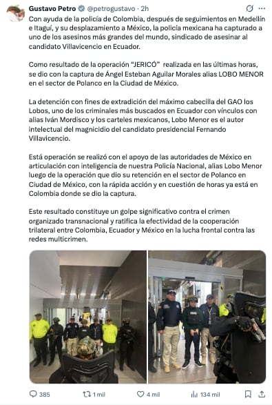 Gustavo Pedro adjudica detención de “Lobo menor” a autoridades mexicanas