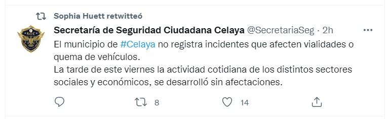Tuit de la Secretaría de Seguridad Ciudadana de Celaya