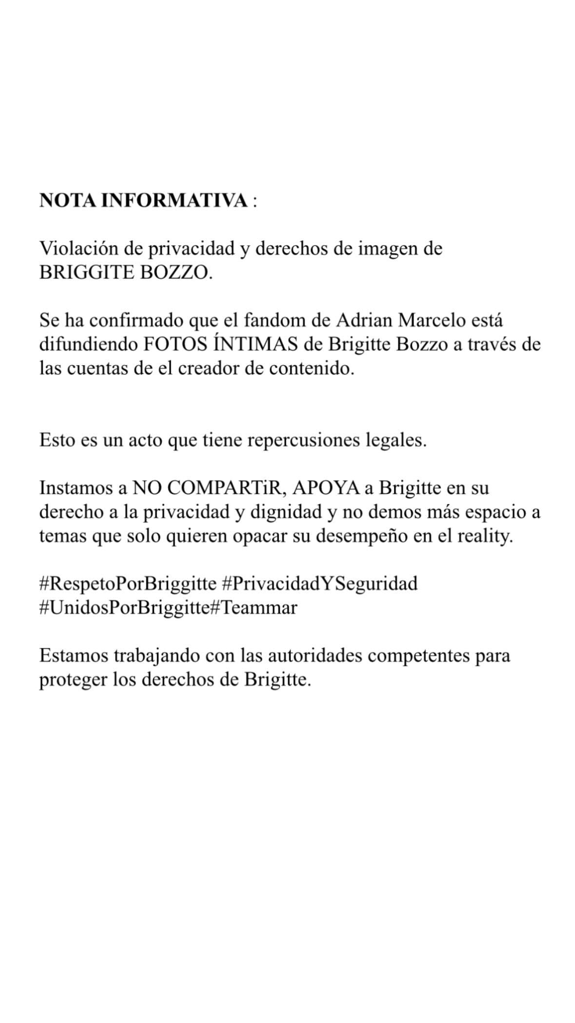 Comunicado de Briggitte Bozzo sobre difusión de fotos íntimas por fans de Adrián Marcelo.