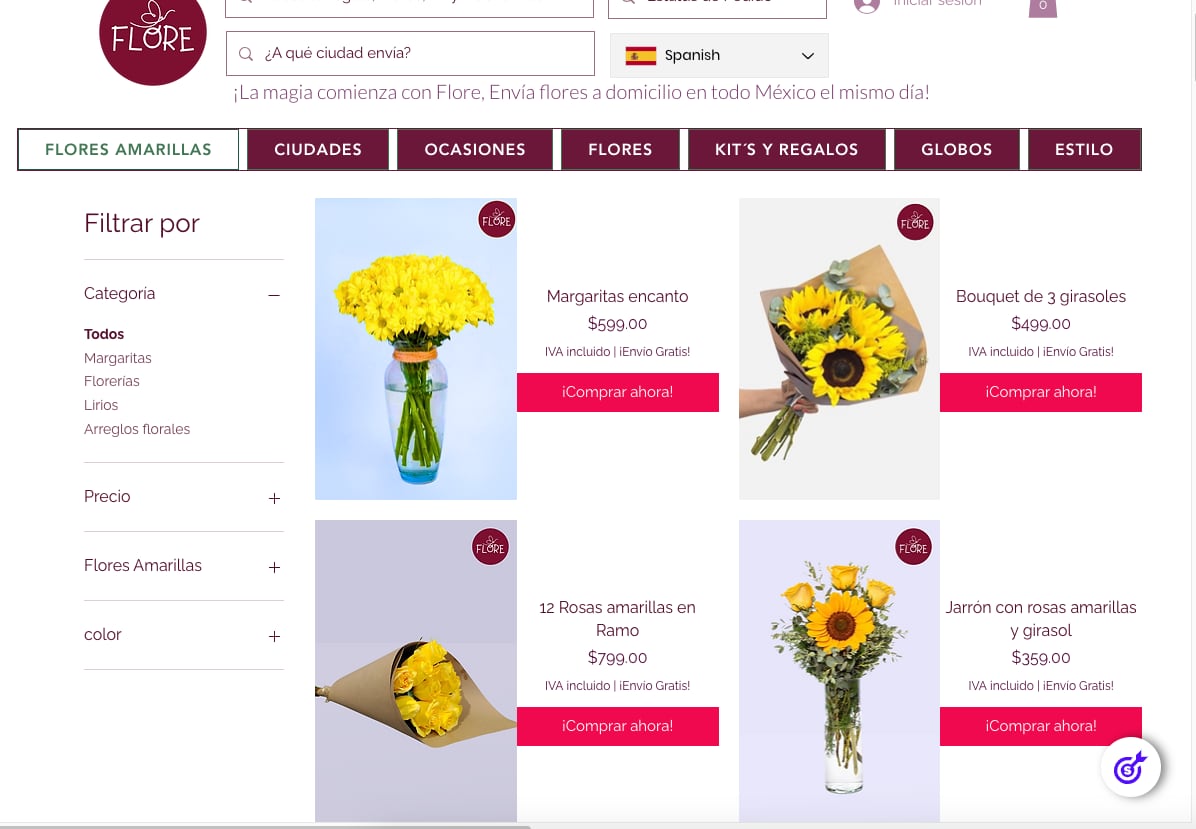 Precio de las flores amarillas en Florerías de México