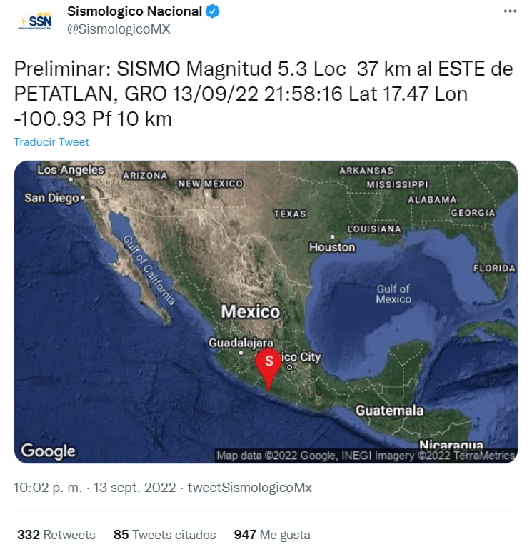 Se registra sismo de 5.3 en Petatlán, Guerrero; se siente levemente en la CDMX