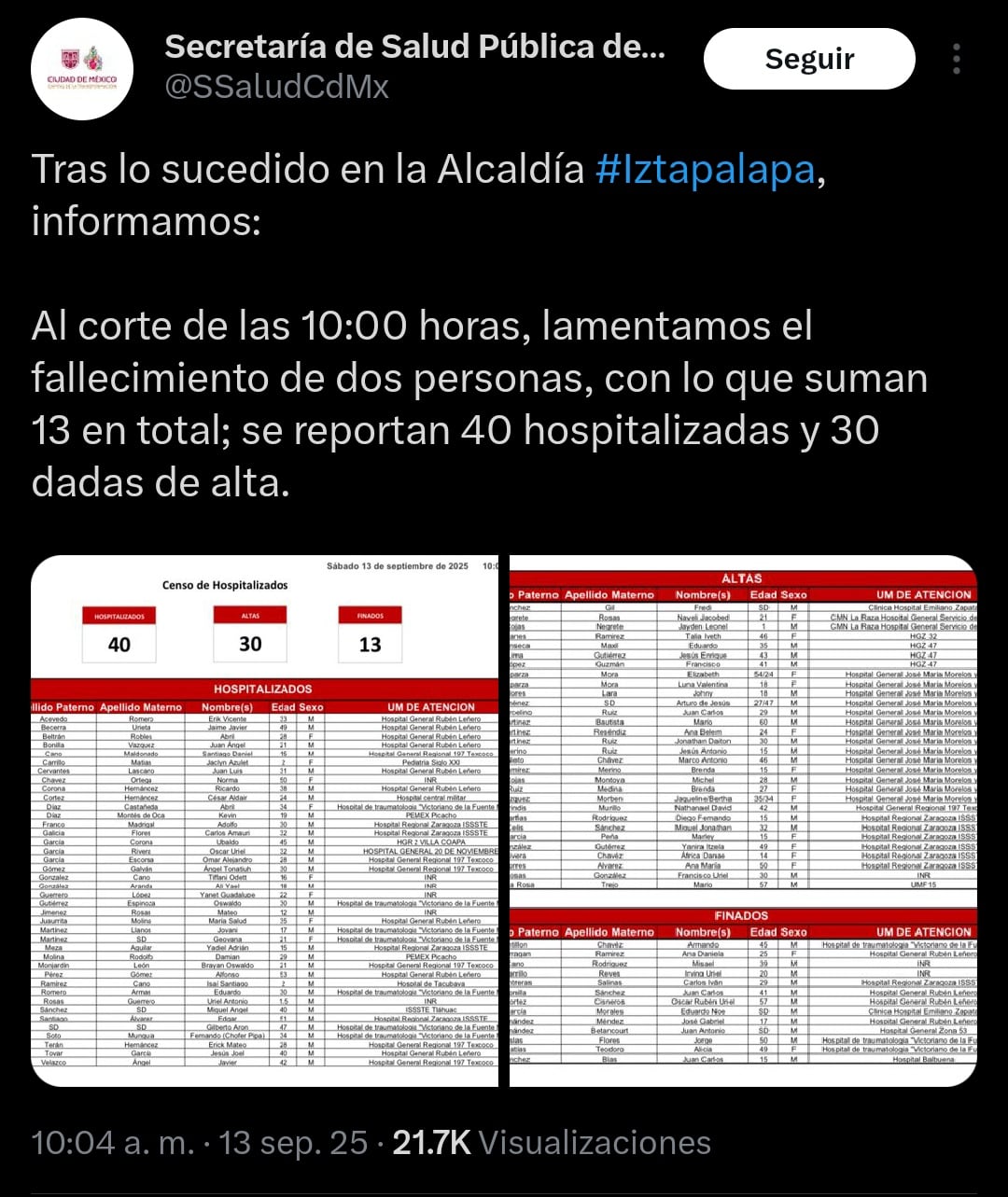 Víctimas de la explosión en Iztapalapa