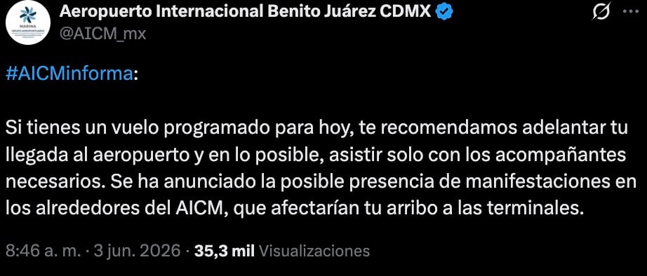 Afectaciones en AICM por protestas de la CNTE