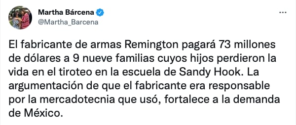 Tuit de Martha Bárcena ex embajadora de México en Estados Unidos