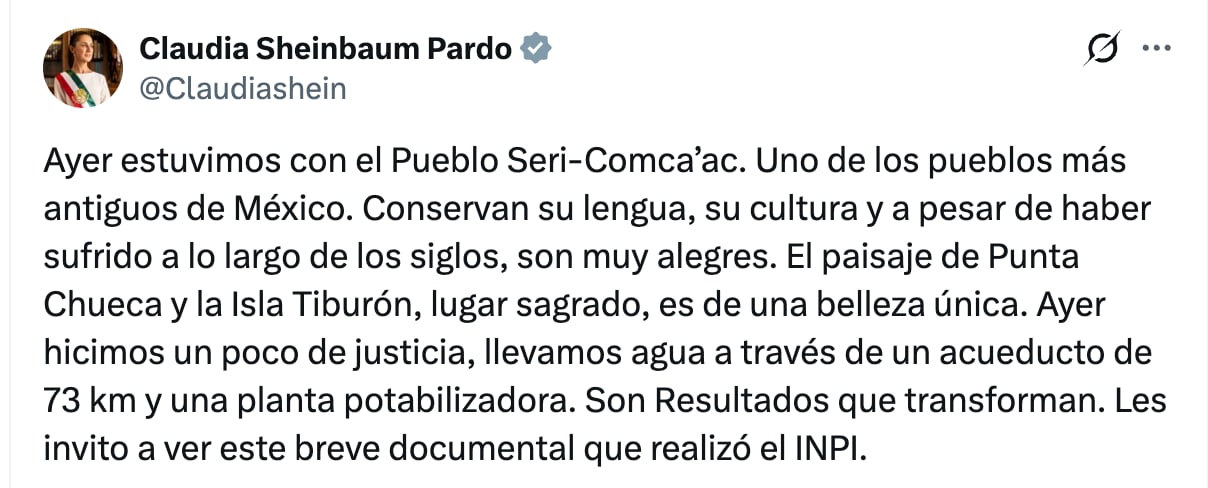 Claudia Sheinbaum sobre el acueducto Seri en Sonora
