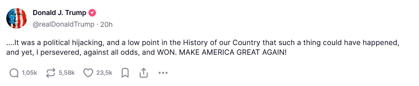 Donald Trump celebra exoneración de casos penales en su contra