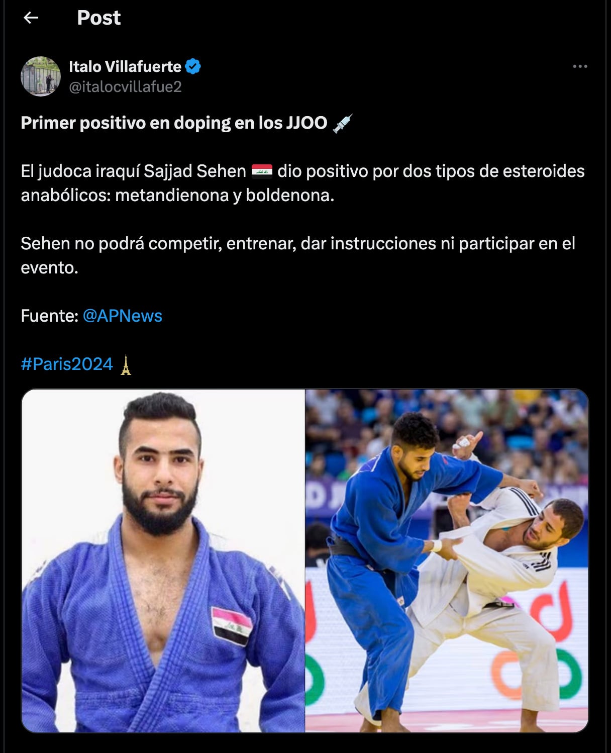 Judoca iraquí, Sajjad Sehen, da positivo a doping.