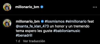 Comentario del Millonario msotrando admiración por Santa Fe Klan.