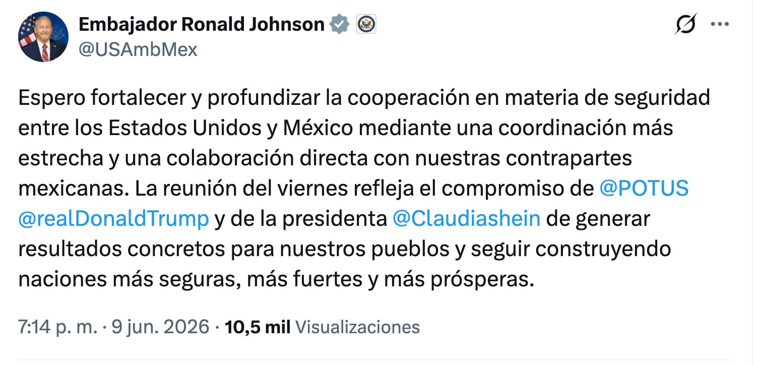 Ronald Johnson llama a estrechar cooperación entre México y Estados Unidos en materia de seguridad
