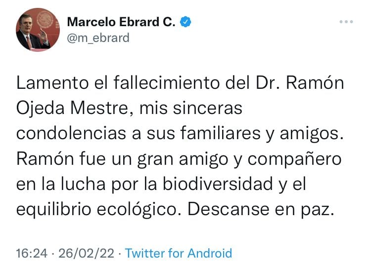 Marcelo Ebrard lamenta muerte de Ramón Ojeda Mestre