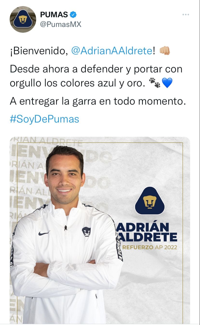 El Club Pumas anunció a Adrián Aldrete como nuevo refuerzo para el Apertura 2022.