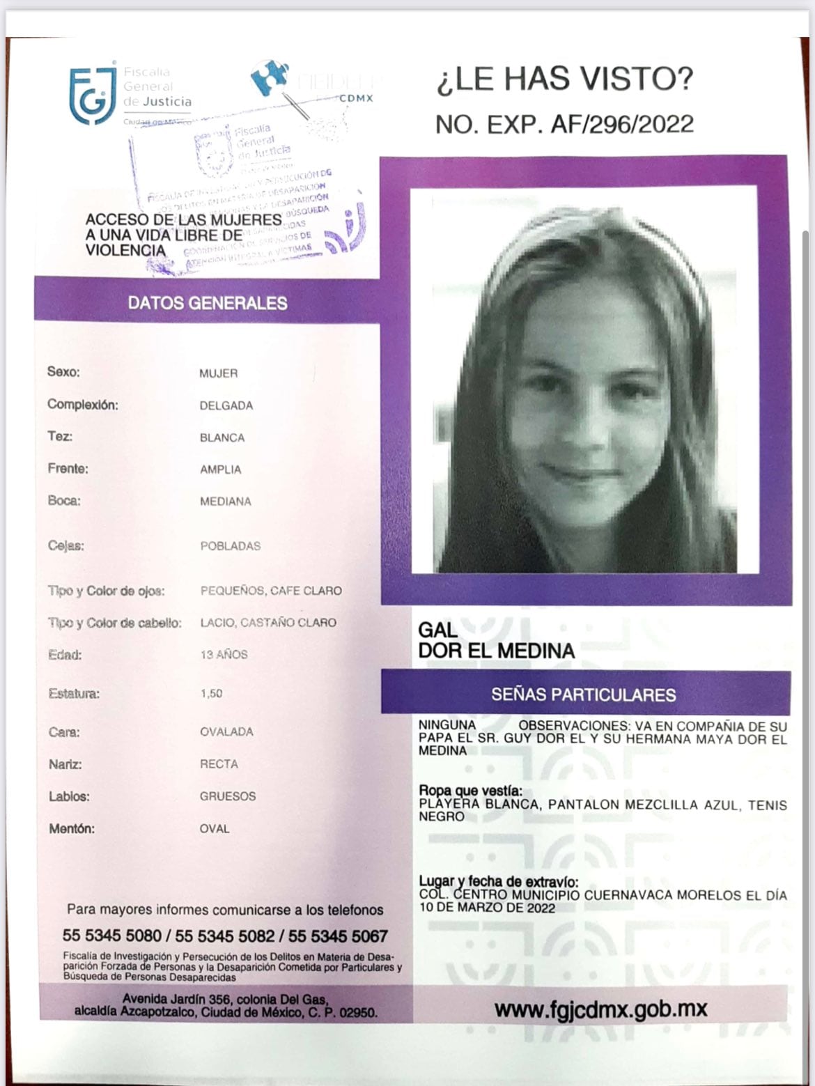 Ficha de búsqueda de Gal, sobrina de Nicolás Celis