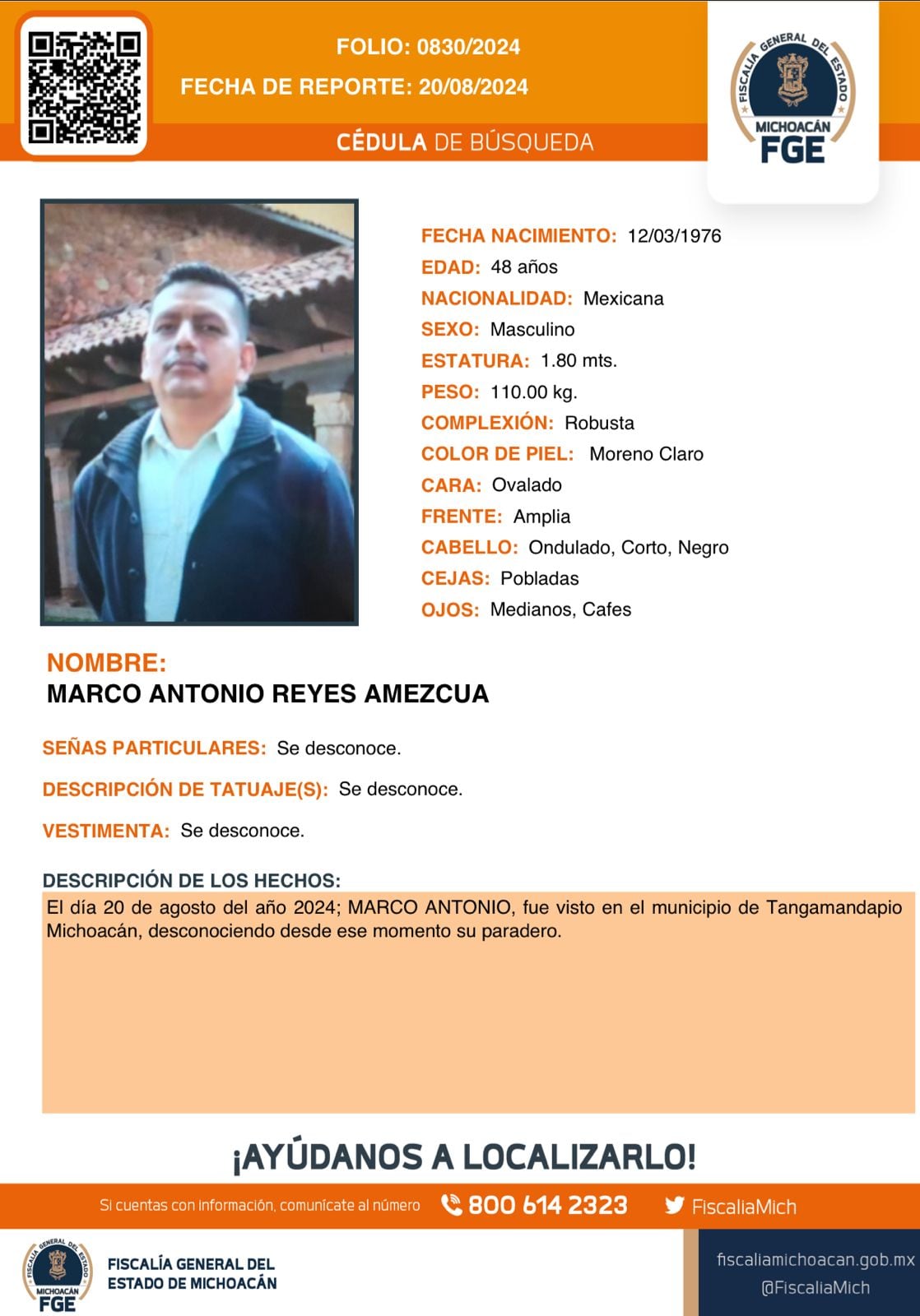 Ficha de búsqueda de policía comunal desaparecido en Tangamandapio, Michoacán