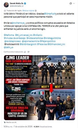 Derek Maltz creó una imagen con IA en la que simula la entrega de Rocha Moya a Estados Unidos