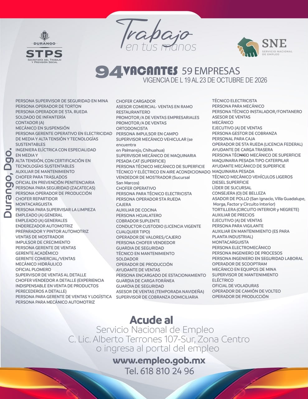 Durango ofrece empleos con sueldos de hasta 28 mil pesos