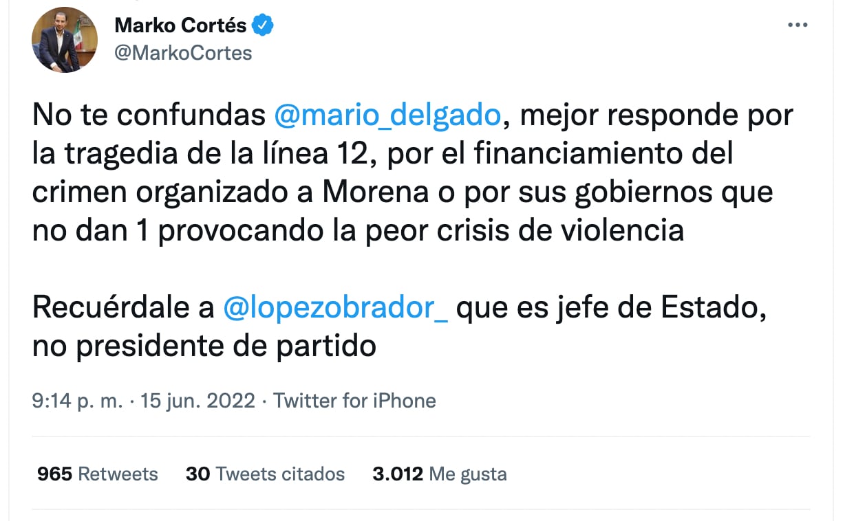 Marko Cortés responde a Mario Delgado por cuestionar el honor de Alejandro Moreno