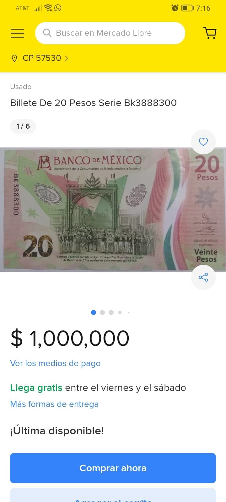 Este billete de 20 pesos con número de serie palíndromo vale 1000000 pesos