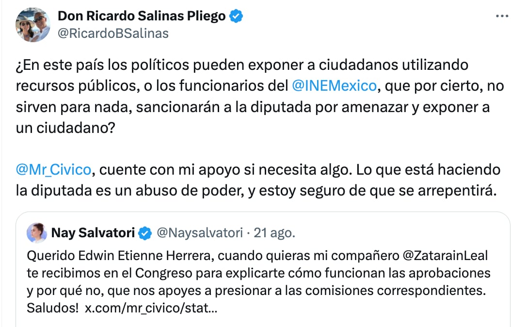 Ricardo Salinas Pliego acusa a Nay Salvatori de “amenazar y exponer” a ciudadano