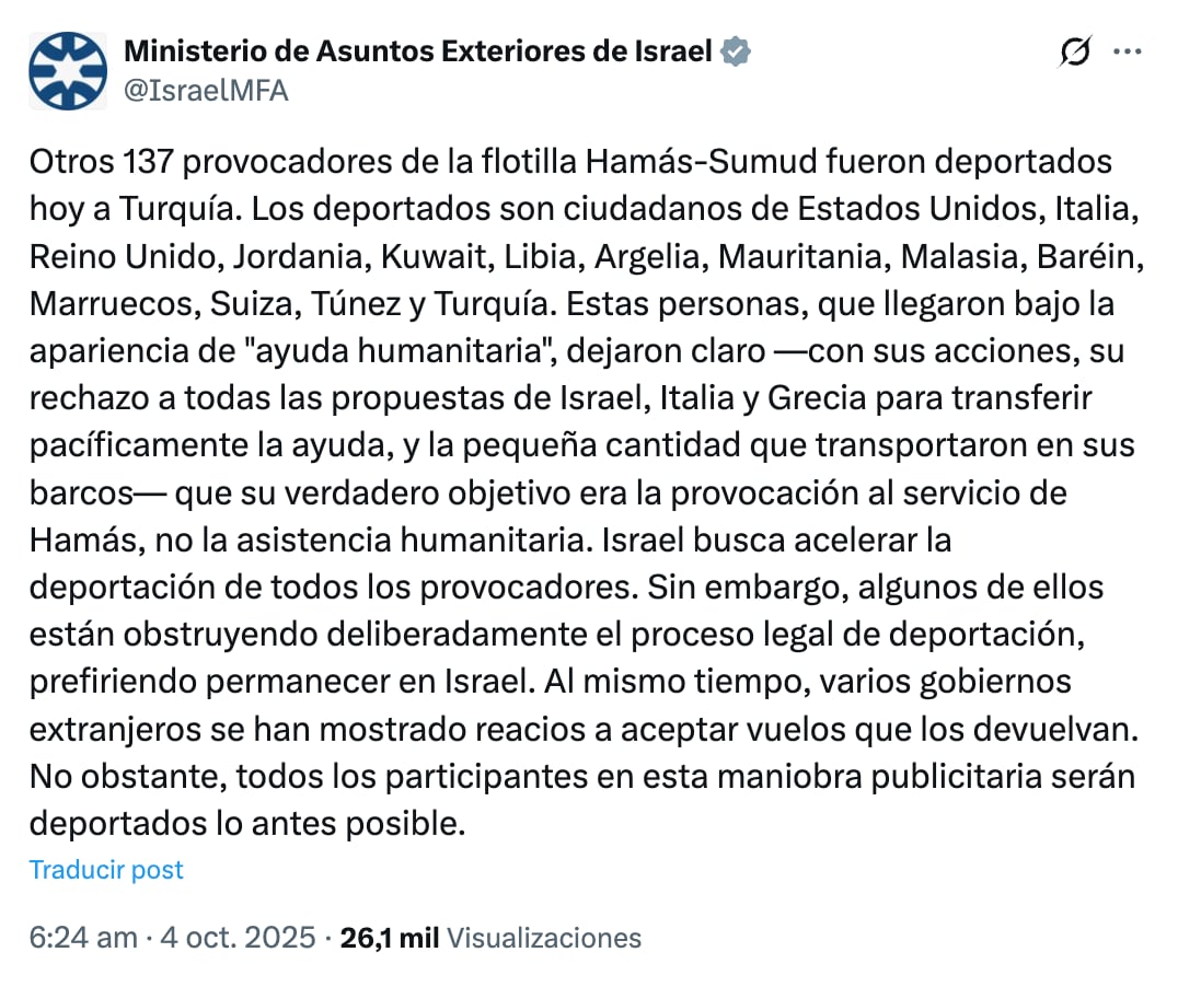 Israel deporta a 137 integrantes de la Flotilla Global Sumud