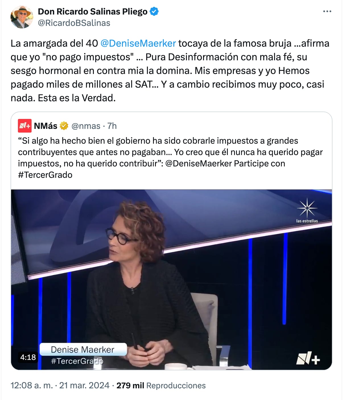 Ricardo Salinas Pliego se lanza contra Denise Maerker