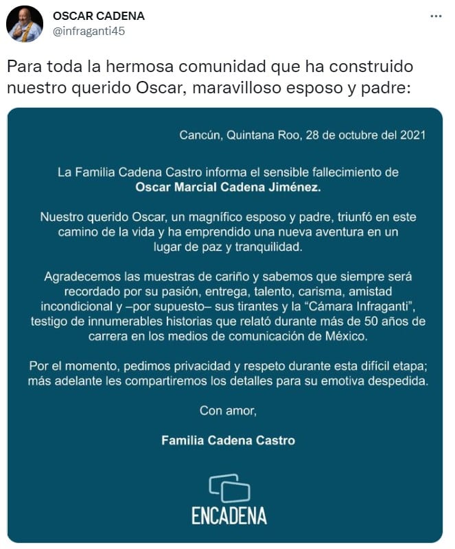 Familia anuncia la muerte de Óscar Cadena