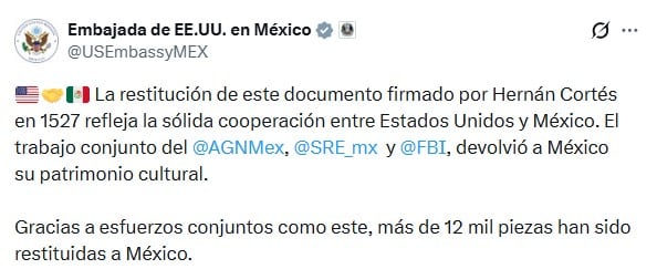 Documento firmado por Hernán Cortés volvió a México