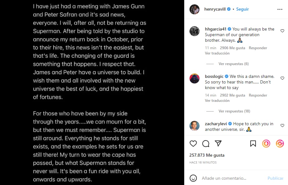 Mensaje de Henry Cavil anunciando que no será más Superman