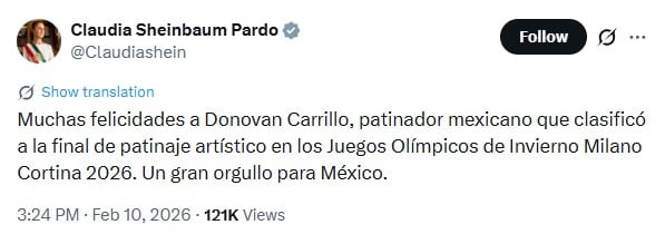 Sheinbaum felicita a Donovan Carrillo por la final de Milán-Cortina 2026