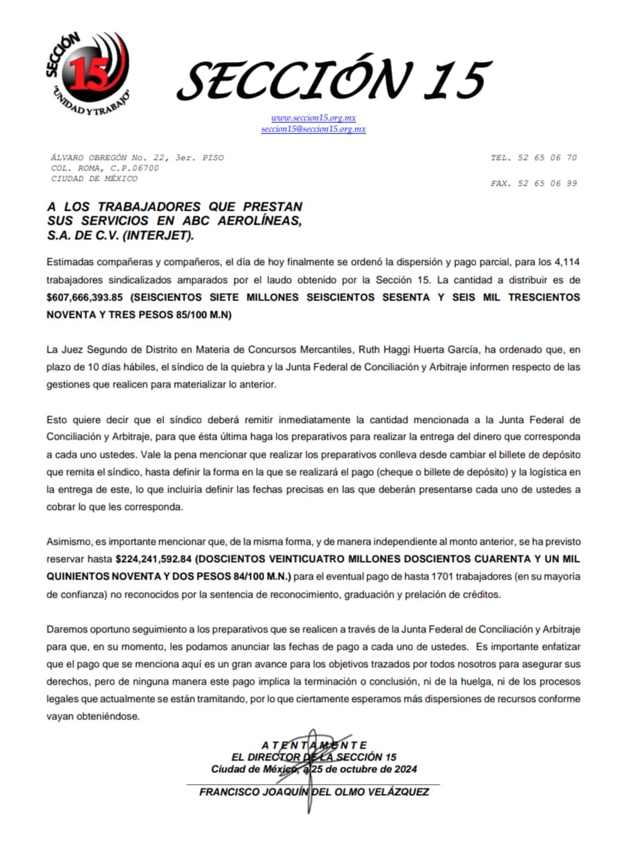 Comunicado de la sección 15 de la CTM sobre la situación del concurso mercantil de Interjet