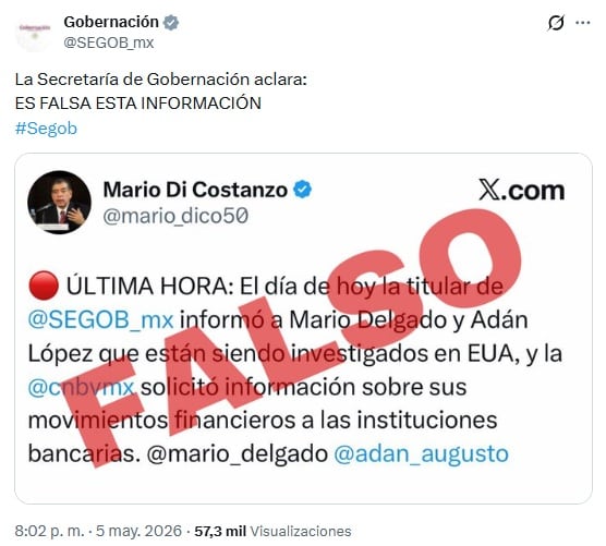 Segob niega que Estados Unidos investigue a Mario Delgado y Adán Augusto López
