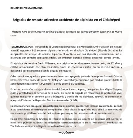 Protección Civil Puebla revela detalles de la muerte de David Villarreal