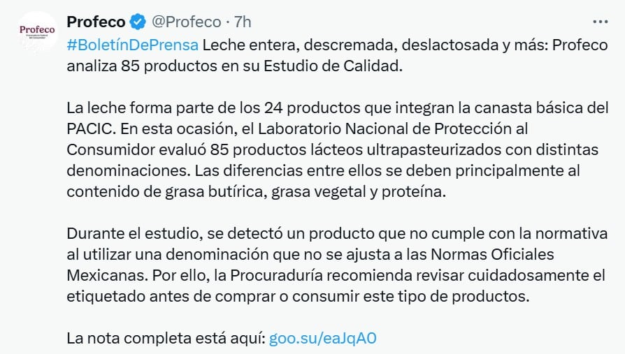 Estudio de calidad de leches de Profeco