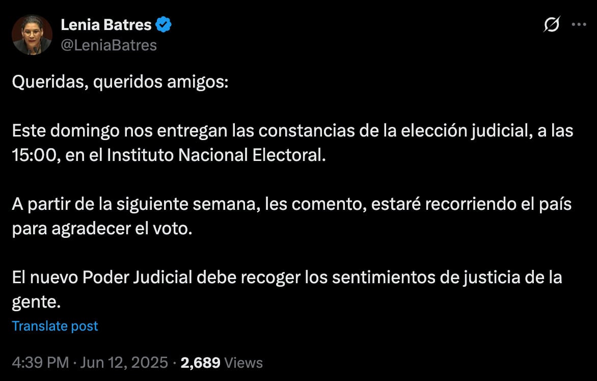 Esto hará Lenia Batres tras la entrega de constancia de las elecciones Poder Judicial 2025 SCJN