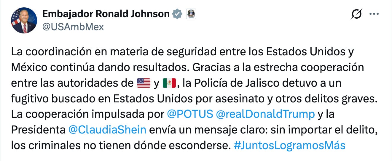 Ronald Johnson destaca captura de “El Coke” en Jalisco, buscado por homicidio