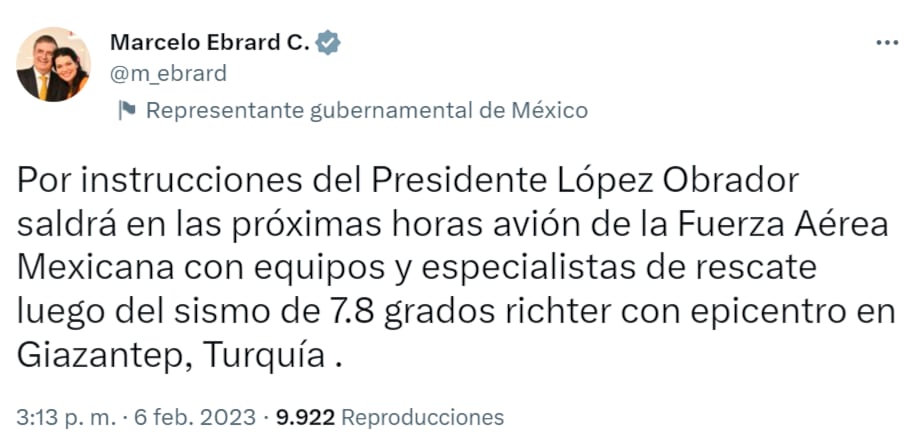 AMLO manda avión de la Fuerza Aérea Mexicana con rescatistas y expertos